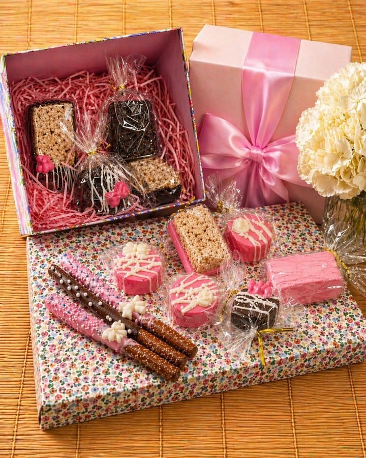 Pink floral gift box with ribbon and assorted treats
