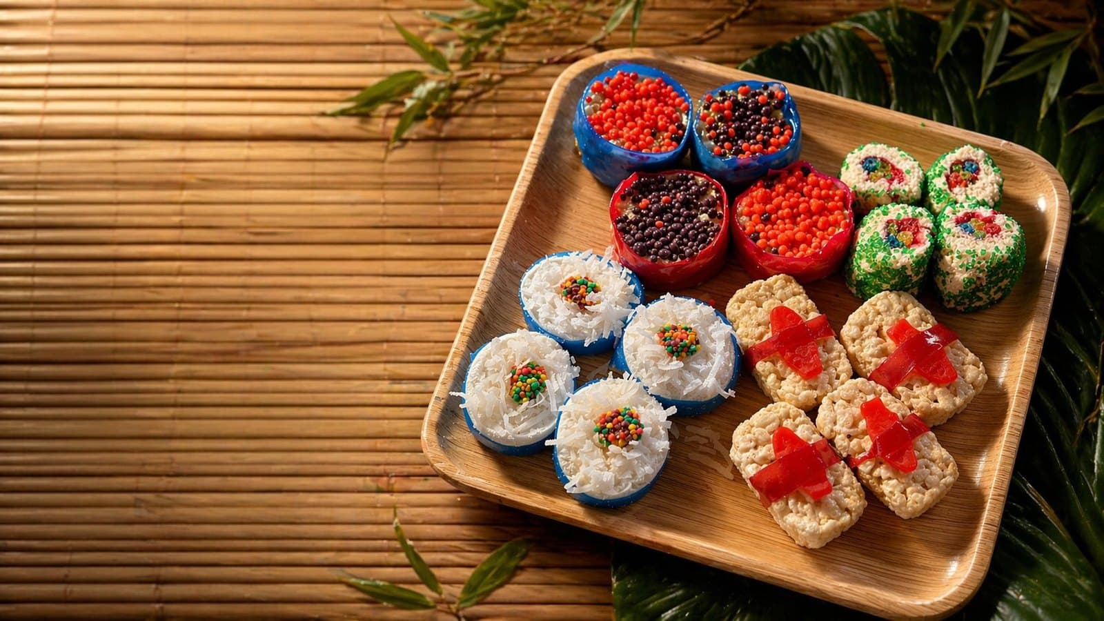 Cookie Dojo candy sushi tray on bamboo mat with palm leaves